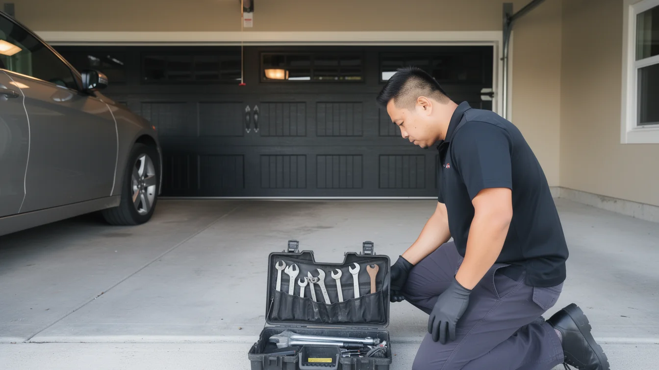 A technician kneels in a garage, looking into an open toolbox with wrenches.