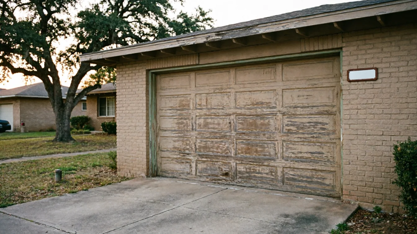 The garage door is old and peeling, set in a brick garage.