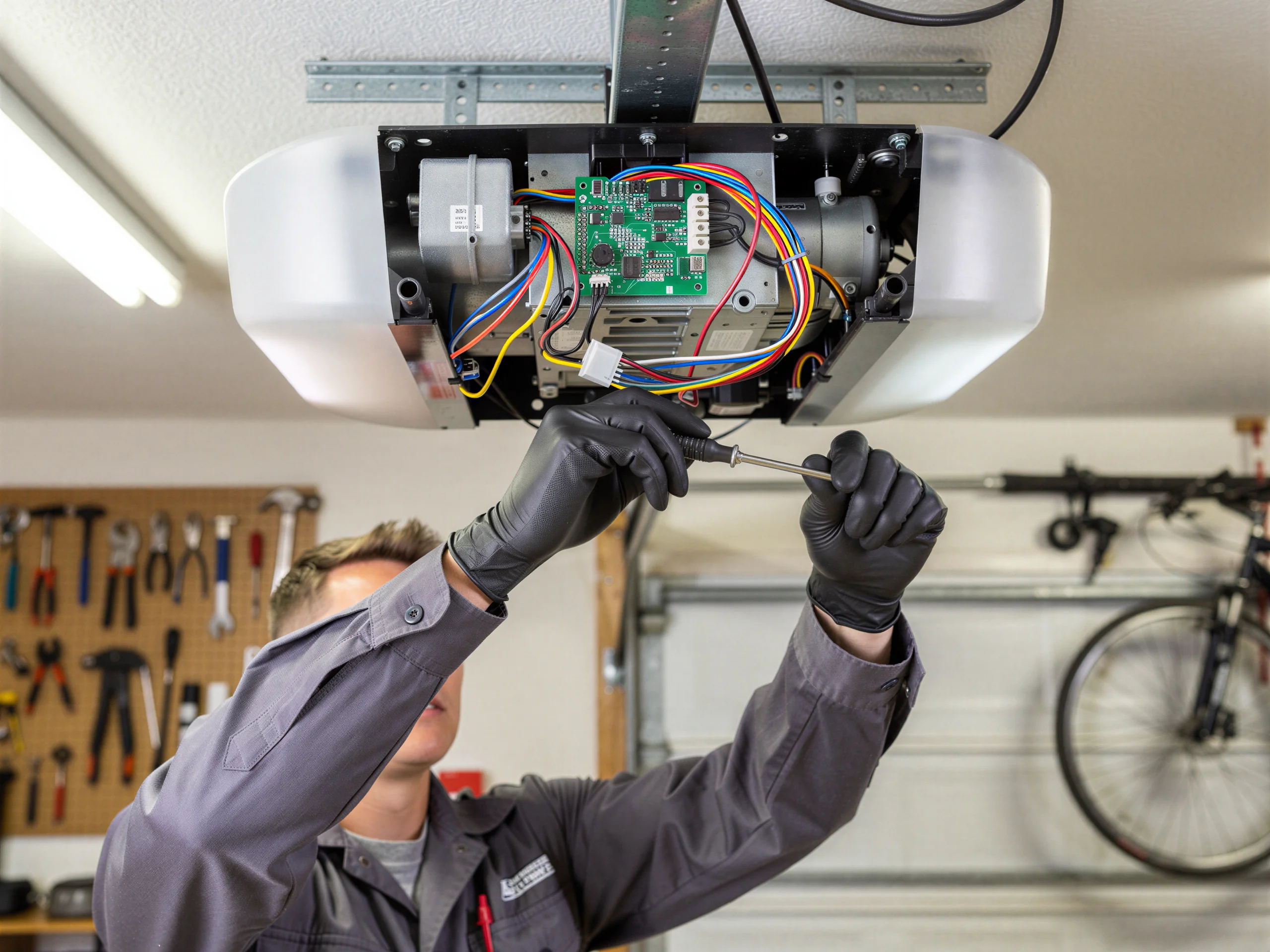 A technician in black gloves repairs a garage door opener with a screwdriver.